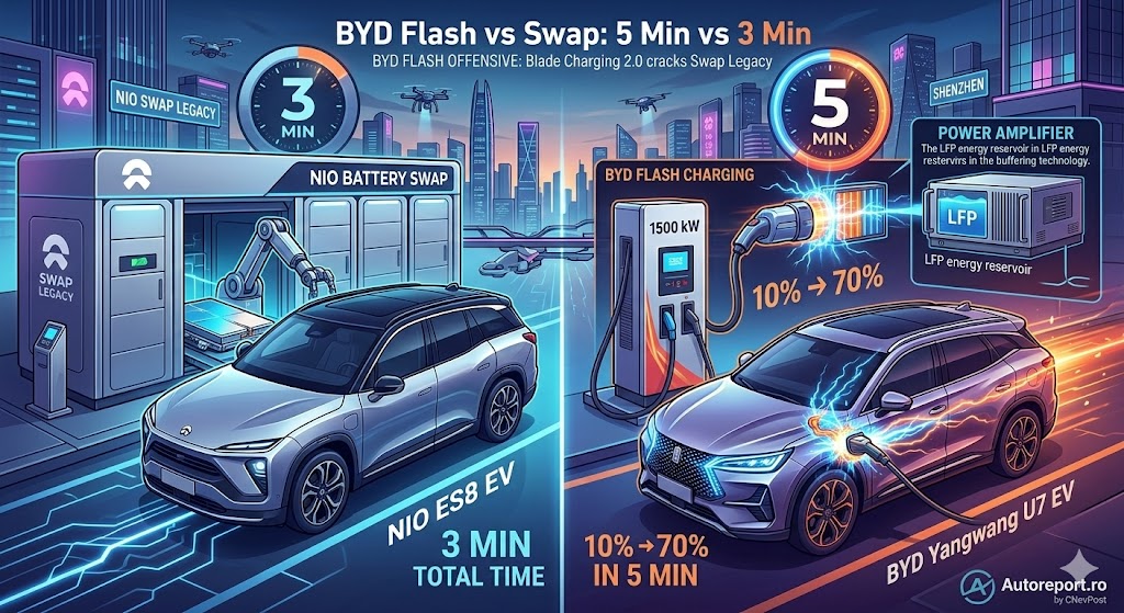 Războiul Energetic 2026: „Flash Charging” de la BYD vs. „Battery Swap” de la NIO. Este sfârșitul erei schimbului de baterii?